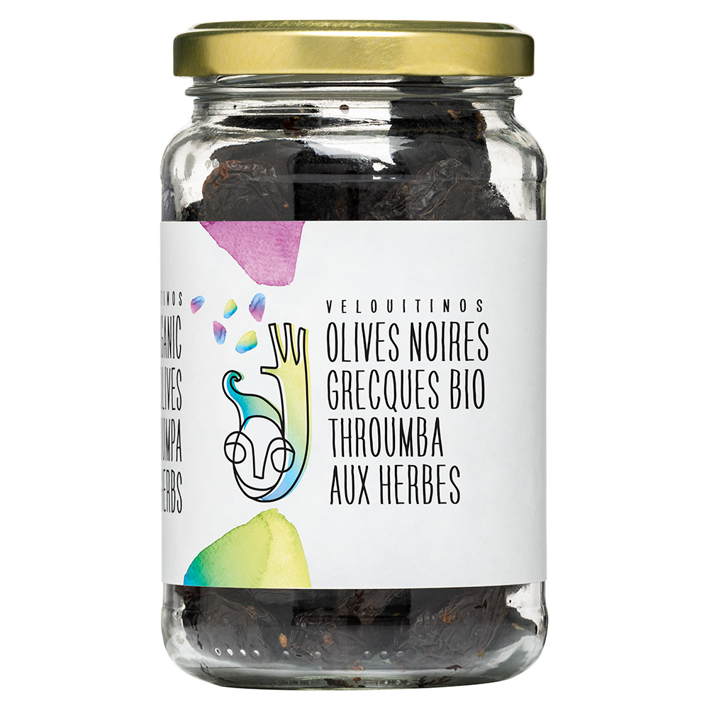 00353 Black Throumpa with Herbs Olives 180g Organic Jar Brilliant FR
